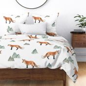 Fox Forest - Large Scattered Foxes and Mountains on White