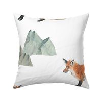 Fox Forest - Large Scattered Foxes and Mountains on White