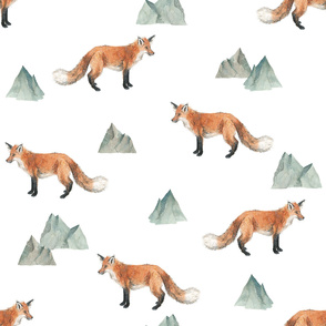 Fox Forest - Large Scattered Foxes and Mountains on White