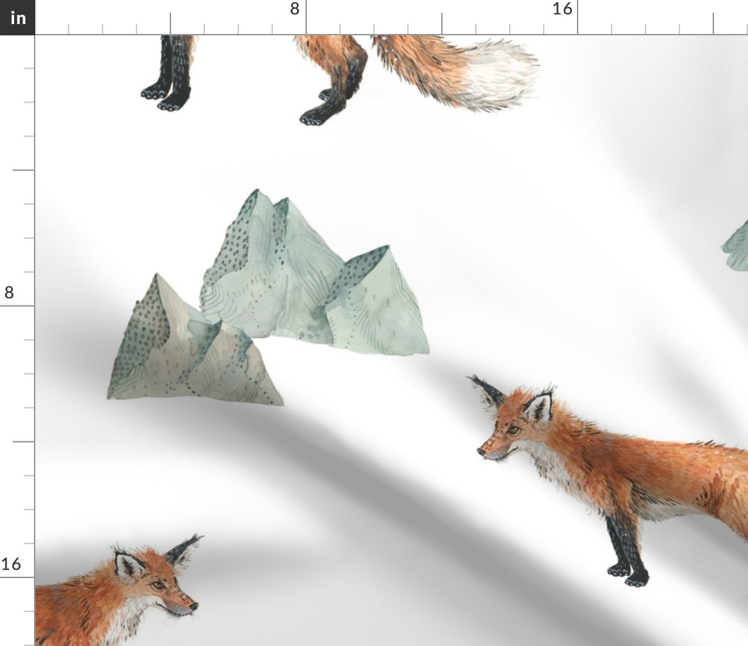 Fox Forest - Large Scattered Foxes and Mountains on White