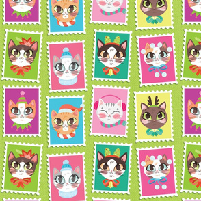 Meowry Christmas Cat Stamps in Green