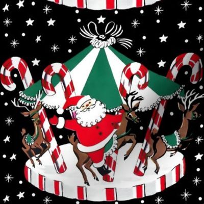 Merry Christmas Carousel merry-go-round roundabout  amusement rides carnivals  xmas Santa Claus deer candy cane snowflakes snow peppermint stars night red green white black vintage retro kitsch 