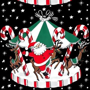 Merry Christmas Carousel merry-go-round roundabout  amusement rides carnivals  xmas Santa Claus deer candy cane snowflakes snow peppermint stars night red green white black vintage retro kitsch 