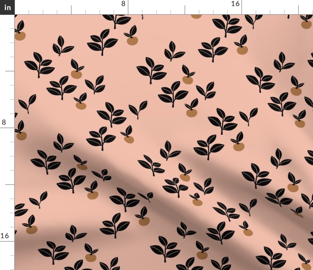 Citrus garden boho botanical leaves and berries nursery design coral black caramel 