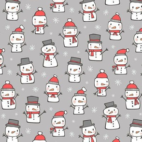 Winter Christmas Snowman & Snowflakes Red on Light Grey Smaller 1,5 inch