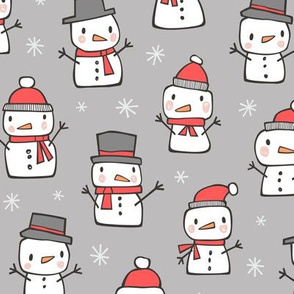 Winter Christmas Snowman & Snowflakes Red on Light Grey
