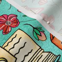 Blooms and Books - Teal Background - Large