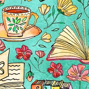 Blooms and Books - Teal Background - Large