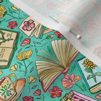 Blooms and Books - Teal Background - Tiny