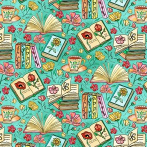 Blooms and Books - Teal Background - Tiny