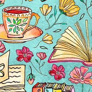 Blooms and Books - Blue Background - Large