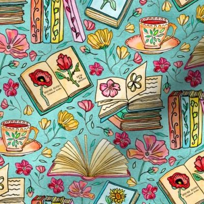 Blooms and Books - Blue Background - Small