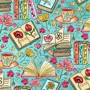 Blooms and Books - Blue Background - Small