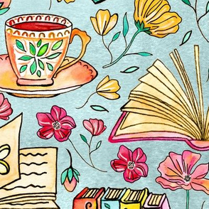 Blooms and Books - Grey Blue Background - Large