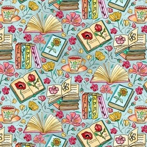 Blooms and Books - Grey Blue Background - Tiny