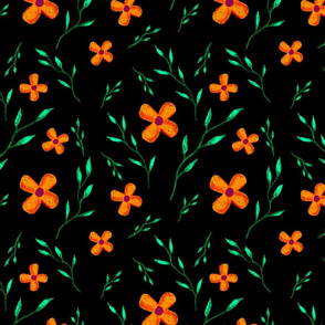 Modern Black Orange Watercolor Flower Floral Pattern