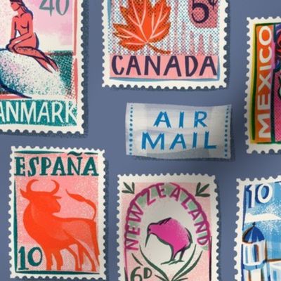 Large scale Postage stamps of the world, grey blue
