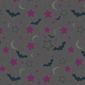 Dark and purple bats, moon and stars