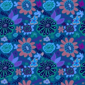 Playful Flowers, Green Pink with Blue Background