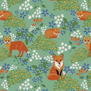 Fox family with flowers on green for baby and kids room