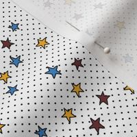 Dark Red, Blue and Yellow Stars and Tiny Black Polka Dots on White