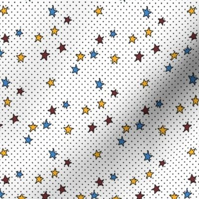 Dark Red, Blue and Yellow Stars and Tiny Black Polka Dots on White