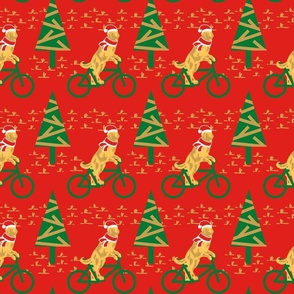 Dogs Day Out on a Bike- Golden Retriever with Santa's Hat and scarf- Red Background- Regular Scale