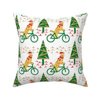 Dogs Day Out on a Bike- Golden Retriever with Santa's Hat and scarf- White Background- Regular Scale