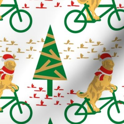 Dogs Day Out on a Bike- Golden Retriever with Santa's Hat and scarf- White Background- Regular Scale