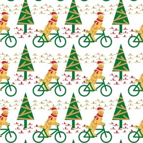 Dogs Day Out on a Bike- Golden Retriever with Santa's Hat and scarf- White Background- Regular Scale