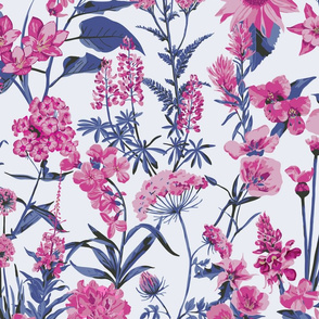 Pink wildflowers with blue leaves - large scale