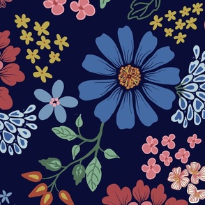 Warm Rich Tones Chinese style Large Floral pattern on midnight Blue