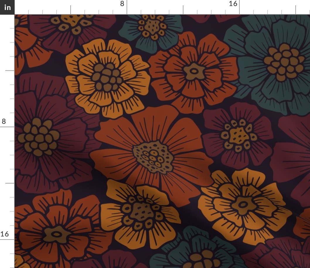 Large-Scale Burgundy, Rust, Mustard, Teal Floral