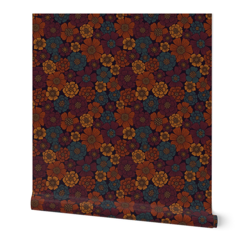 Small-Scale Burgundy, Rust, Mustard & Teal Floral