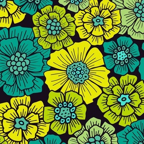 Large-Scale Teal, Green & Yellow Bright Floral Pattern