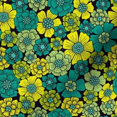 Small-Scale Teal, Green & Yellow Bright Floral Pattern