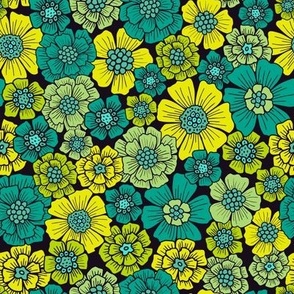 Small-Scale Teal, Green & Yellow Bright Floral Pattern
