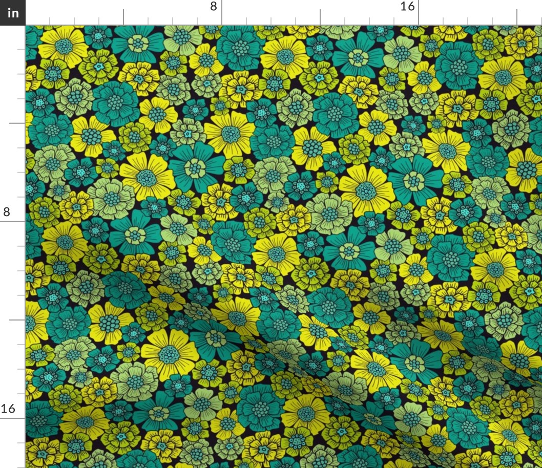 Small-Scale Teal, Green & Yellow Bright Floral Pattern