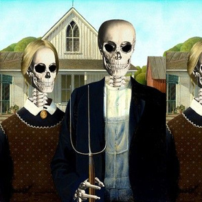 American Gothic famous portrait painting farmers skeletons skulls pitchfork husband wife couple overalls house sky trees parody caricature morbid macabre scary classic vintage antique seamless family funny eerie horror