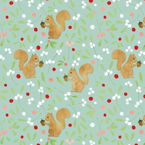 Mistletoe and Squirrels on Mint Green - Small