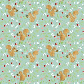 Mistletoe and Squirrels on Mint Green - Tiny
