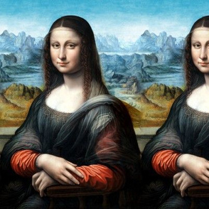 Mona Lisa Leonardo da Vinci copy apprentice student historical portrait classical Renaissance Italian French France beautiful woman lady mountains hill sky blue red seamless  antique