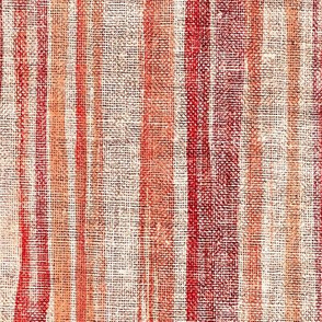 Coral Red and Neutral Beige Rustic Canvas Textured Stripe - large