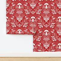 Mushroom forest damask wallpaper Red