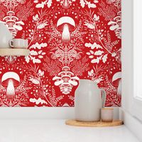 Mushroom forest damask wallpaper Red