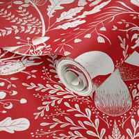 Mushroom forest damask wallpaper Red