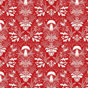 Mushroom forest damask wallpaper Red
