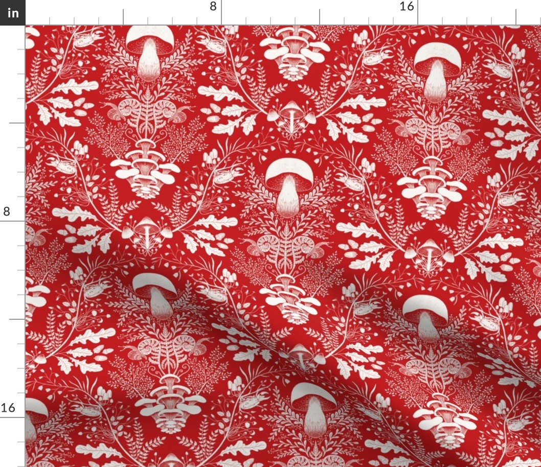 Mushroom forest damask wallpaper Red