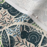 Mystic Forest Rabbits in deep woods, pink green blue with gray