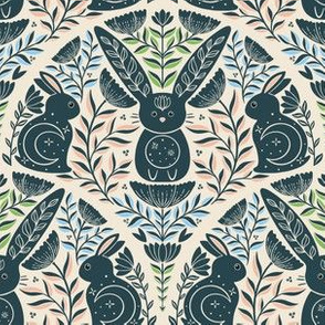 Mystic Forest Rabbits in deep woods, pink green blue with gray